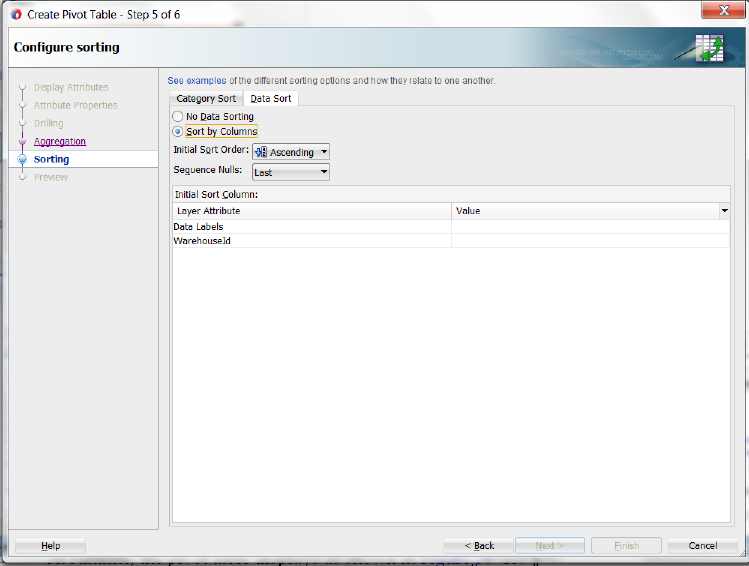 Dat sort page of the Create Pivot Table wizard.