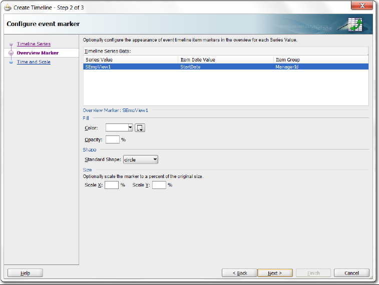 Configure event marker page of create timeline wizard