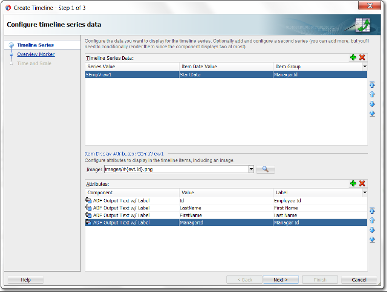 Configure timeline series page of Create Timeline Wizard