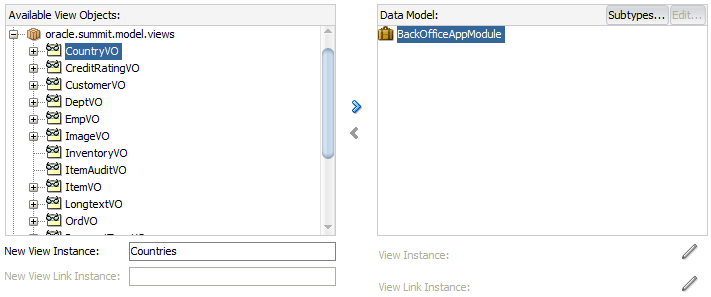 Data Model page of Create Application Module wizard.