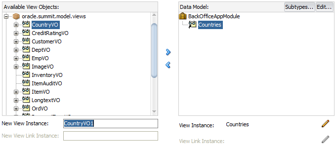 Data Model page of Create Application Module wizard.