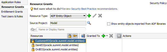 Entity objects without grants in ADF policy editor