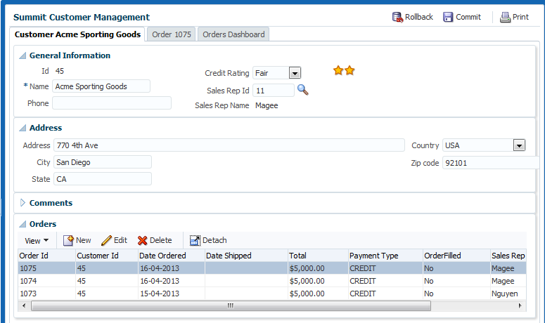 Summit Customer detail page fragment