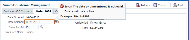 Summit Orders detail page fragment with format error