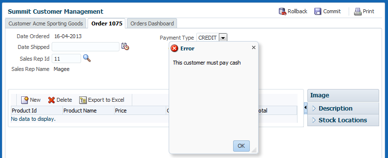 Summit Orders detail page fragment with validation error