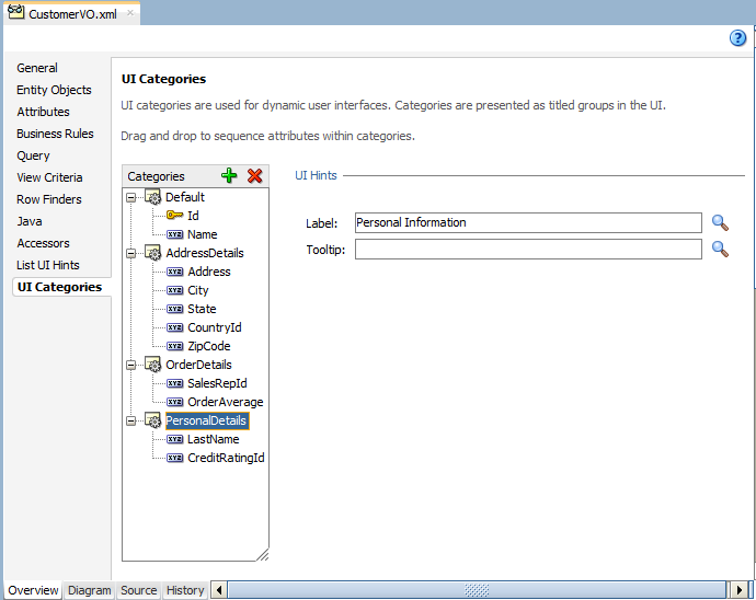 Image of UI Categories overview editor page