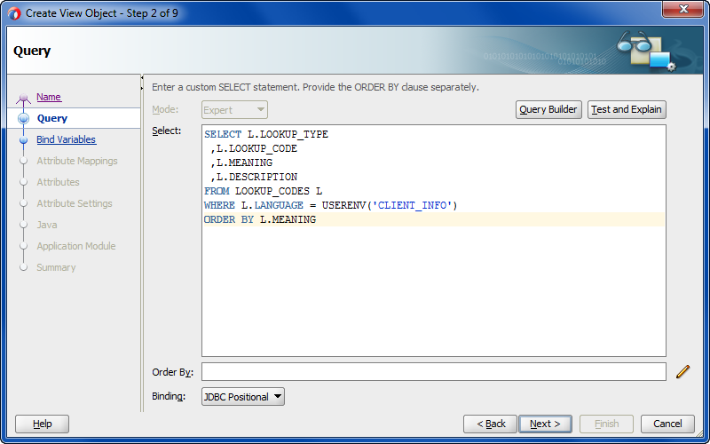 Step 2 of the Create View Object wizard