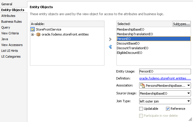 Outer join set on entity-based view object