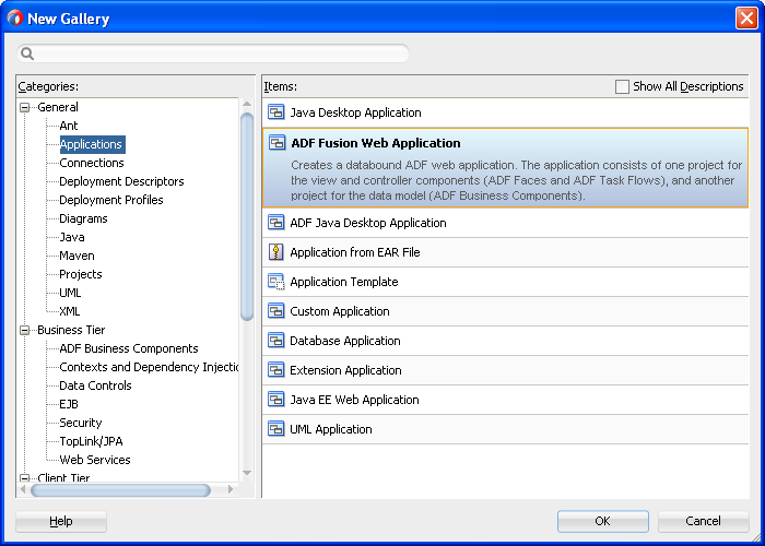 Fusion Web Application is highlighted in the New Gallery