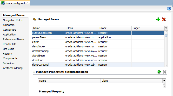 The JSF Configuration Editor shows all the managed beans
