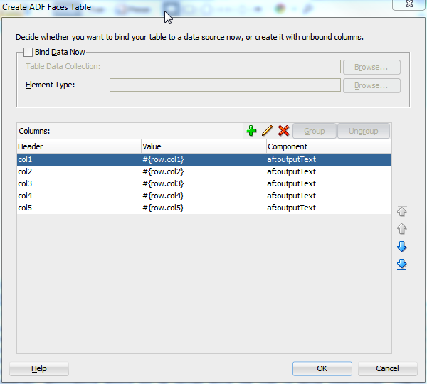 Table wizard used to create ADF Faces tables