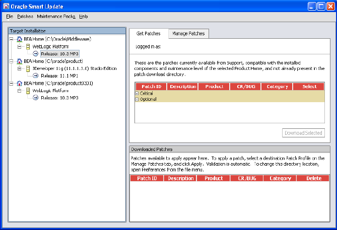 WebLogic Smart Update Tree Browser