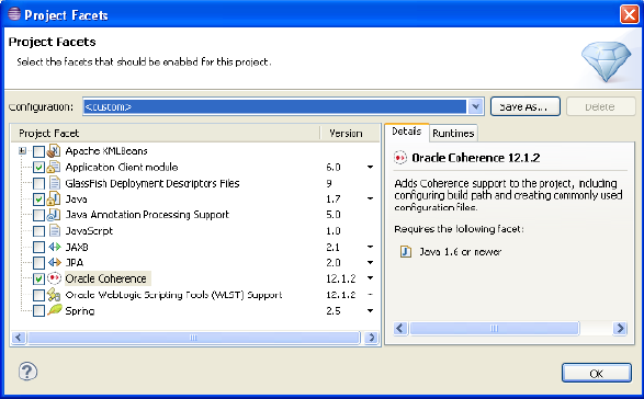 Selecting Oracle Coherence in the Project Facets Dialog Box Selecting Oracle Coherence in the Project Facets Dialog Box