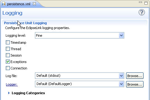 The Logging Tab in the persistence.xml Editor. The Logging Tab in the persistence.xml Editor.