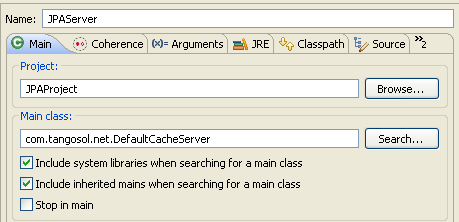 Main Tab for the JPA Cache Server Main Tab for the JPA Cache Server
