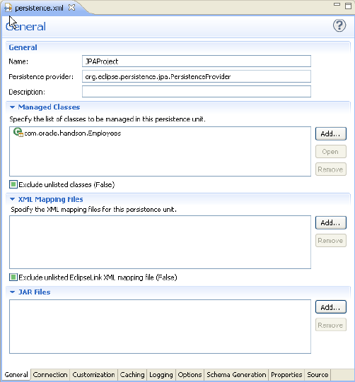 General Tab iin the persistence.xml Editor General Tab iin the persistence.xml Editor