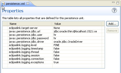 Properties Tab in the persistence.xml Editor Properties Tab in the persistence.xml Editor