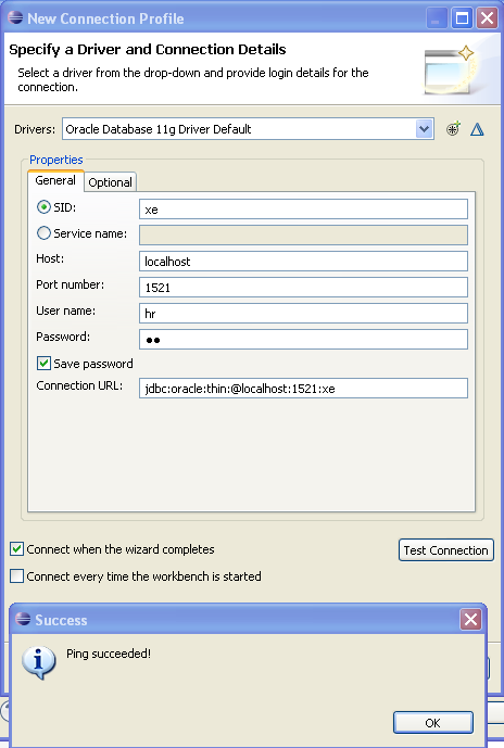 New Connection Profile Dialog Box and Success Message New Connection Profile Dialog Box and Success Message