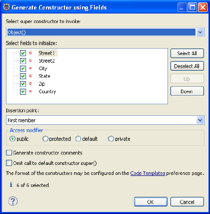 Generate Constructors using Fields Dialog Box Generate Constructors using Fields Dialog Box