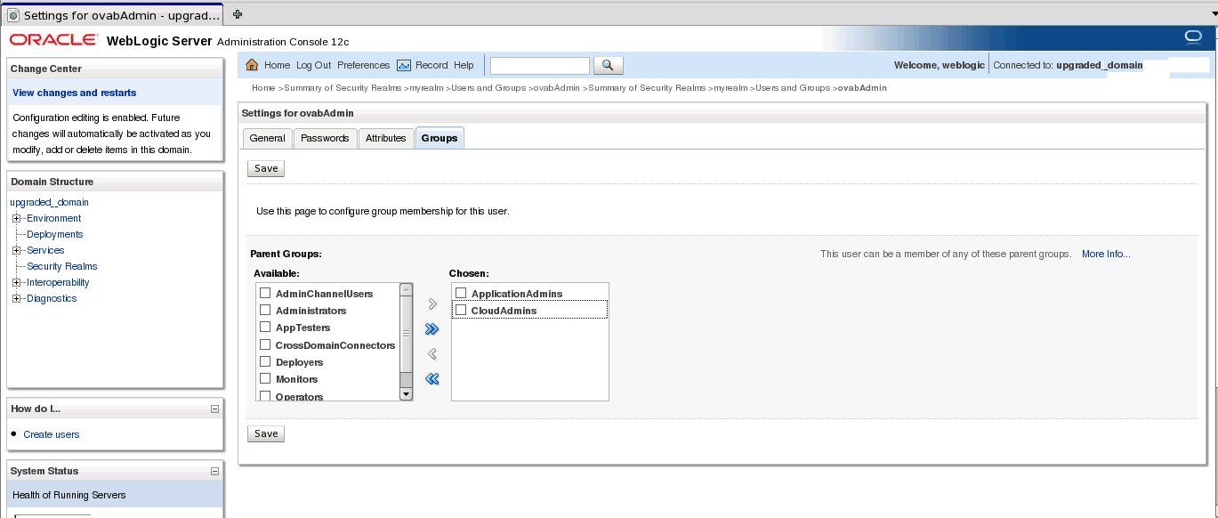 Assigning ovabAdmin to groups Assigning ovabAdmin to groups