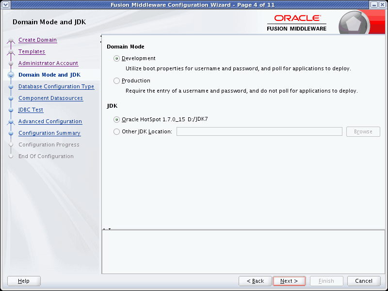 Domain Mode and JDK screen Domain Mode and JDK screen