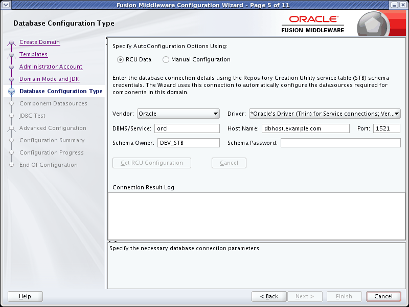 Database Configuration Type screen Database Configuration Type screen