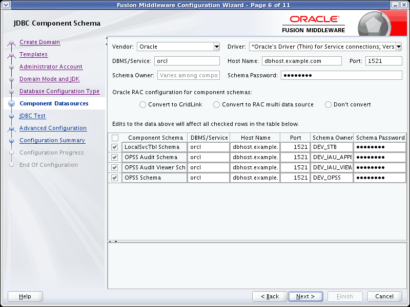 JDBC Component Schema screen JDBC Component Schema screen
