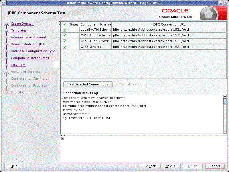 JDBC Component Schema Test screen JDBC Component Schema Test screen