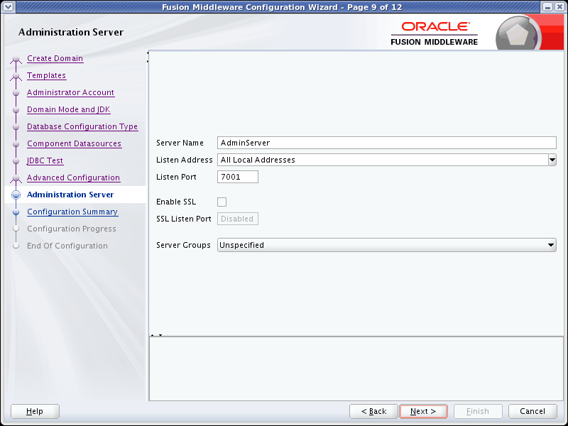 Administration Server screen Administration Server screen