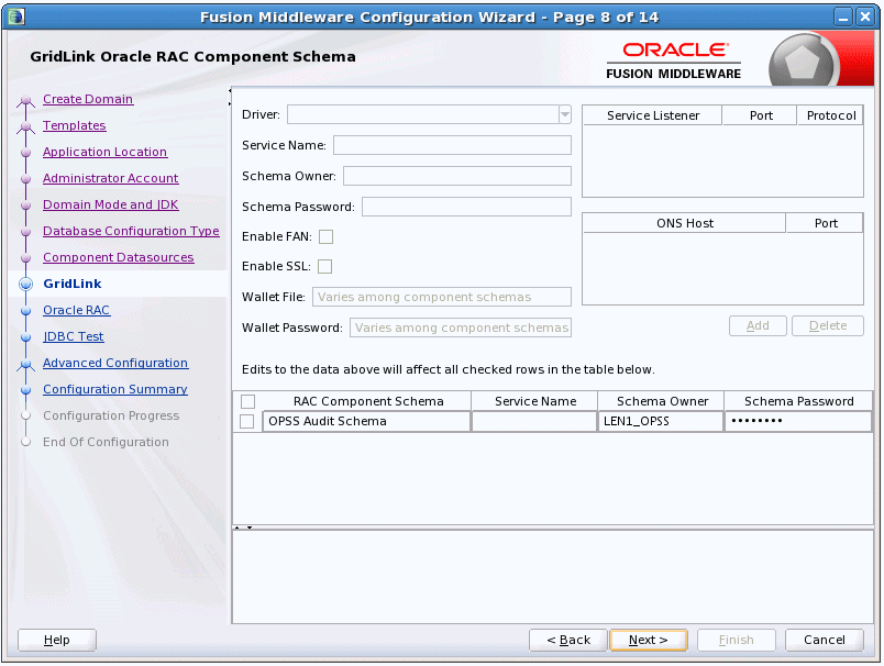 Configure GridLink RAC Component Schema screen Configure GridLink RAC Component Schema screen