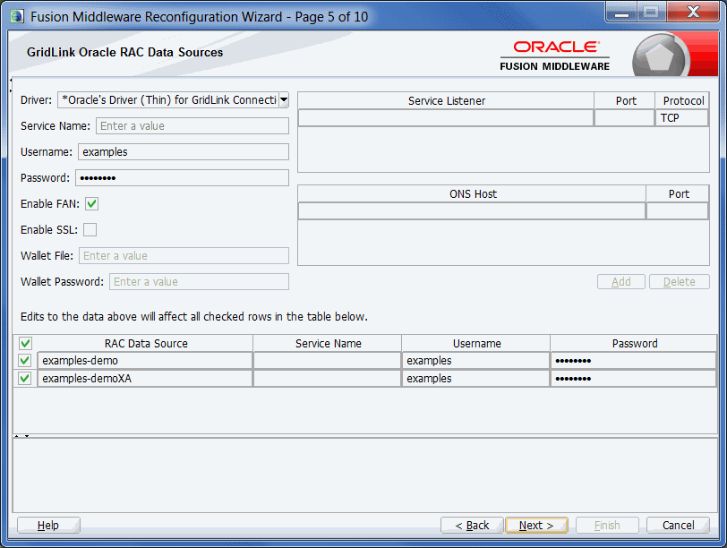 Configure GridLink RAC Data Sources screen