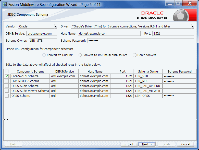 JDBC Component Schema screen, GridLink version