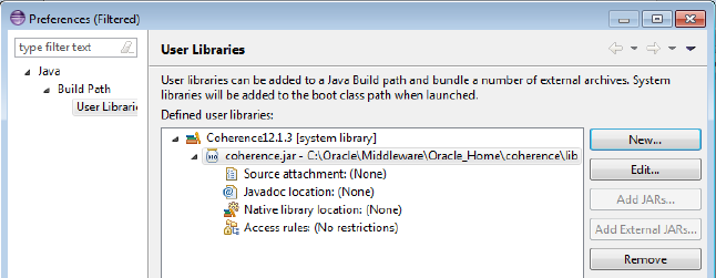 coherence.jar File Defined in the Coherence User Library