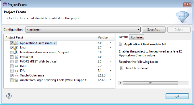 Selecting Oracle Coherence in the Project Facets Dialog Box