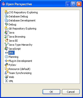 The JPA Perspective in the Open Perspective Dialog Box The JPA Perspective in the Open Perspective Dialog Box