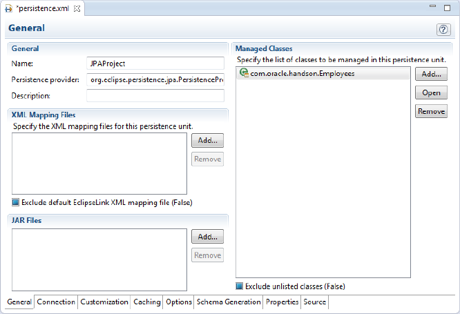 General Tab iin the persistence.xml Editor General Tab iin the persistence.xml Editor