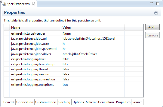 Properties Tab in the persistence.xml Editor Properties Tab in the persistence.xml Editor