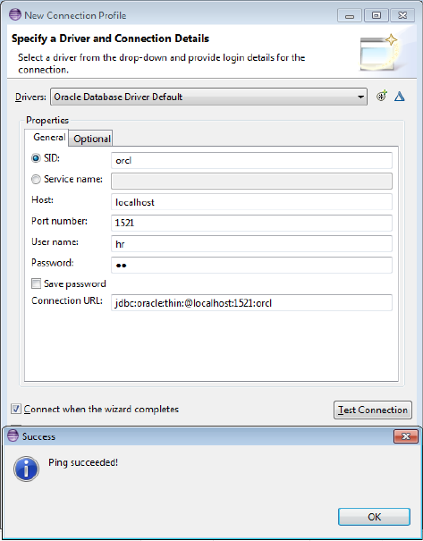 New Connection Profile Dialog Box and Success Message New Connection Profile Dialog Box and Success Message