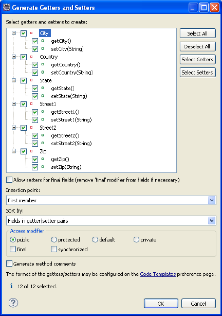 Generate Getters and Setters Dialog Box