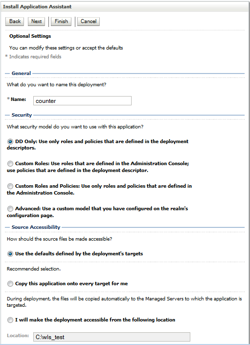 Optional Settings Page of the Installation Assistant
