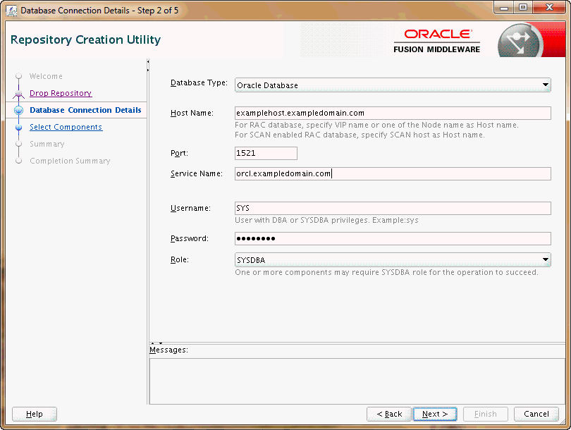 rcu database connection details screen rcu database connection details screen