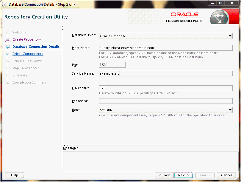 rcu database connection details screen rcu database connection details screen