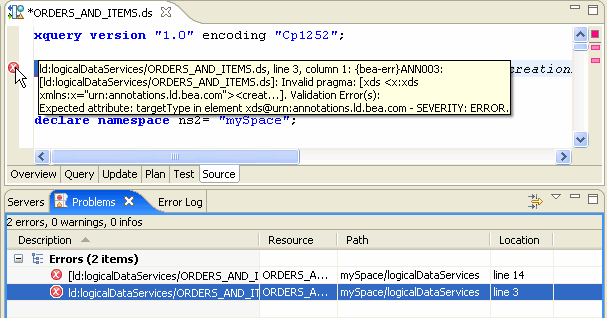 Problems and Error Log tab