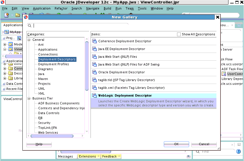 The create weblogic deployment descriptor wizard The create weblogic deployment descriptor wizard