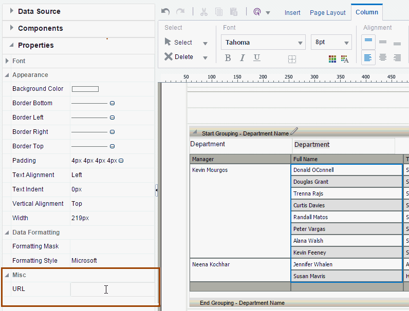 Selecting column and displaying Properties pane