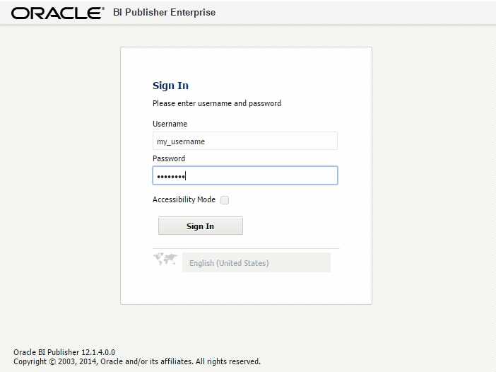 BI Publisher login page