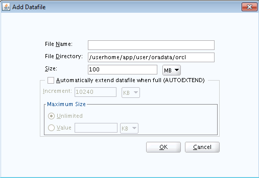 Description of the RCU Add Datafile Screen follows