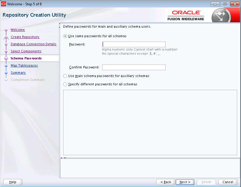 Description of the RCU Schema Passwords Screen follows