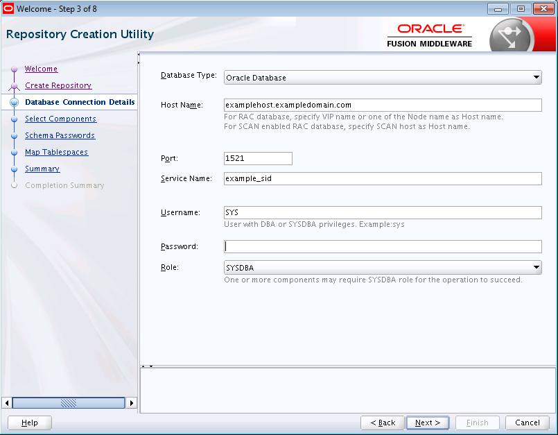 Description of the RCU Database Connection Details Screen follows