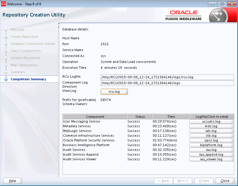 Description of the RCU Repository Creation Completion Summary Screen follows